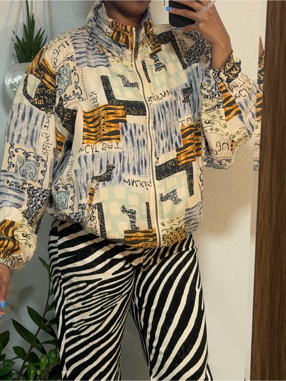 Abstract Patchwork Zip-Up Jacket in Cream, Blue & Mustard